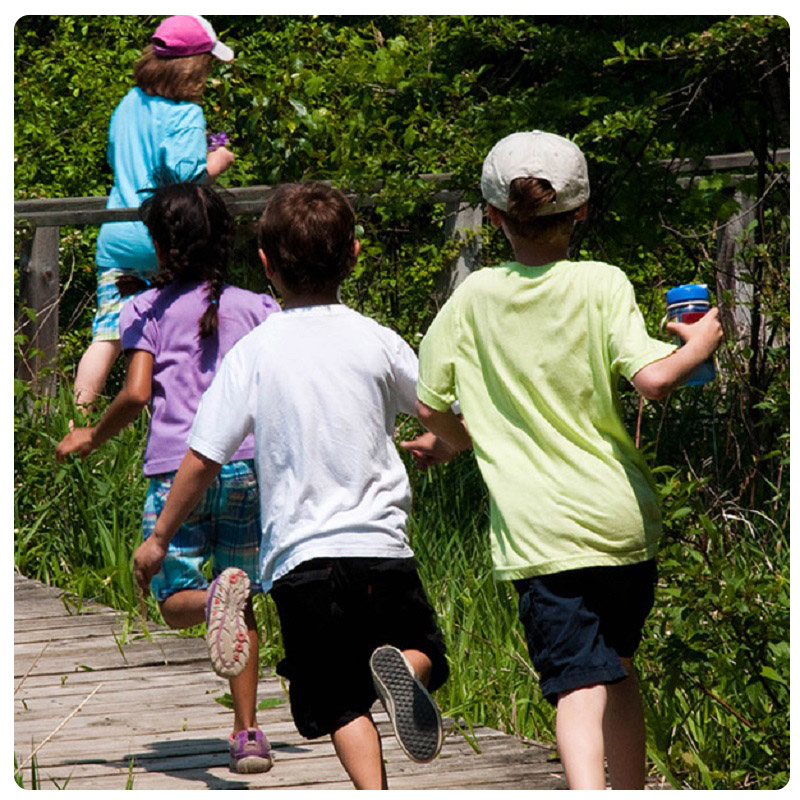 kids run on the boardwalk at Kortright Centre